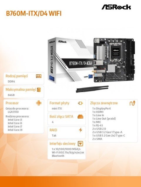 Płyta główna B760M-ITX D4 WIFI s1700 2DDR4 mITX M.2 USB-C ASRock