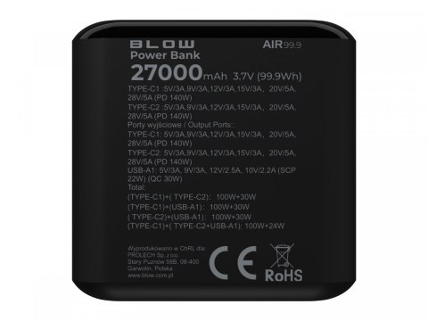 PowerBank AIR99.9 PD+QC 140W 27000mAh Czarny BLOW