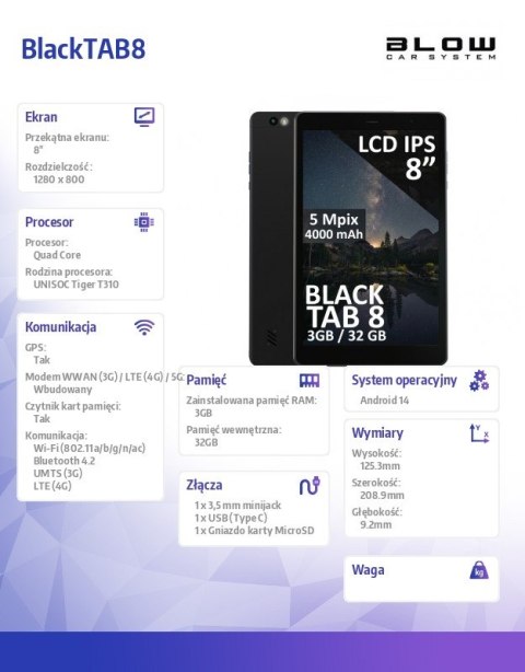 Tablet BlackTAB8 3/32GB 4G LTE 8 cali Czarny BLOW