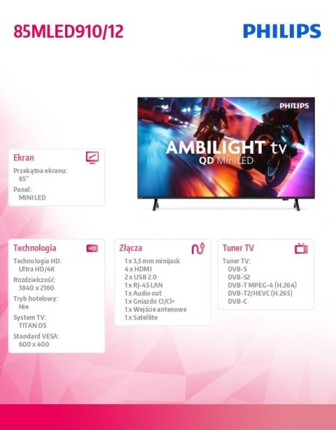 Telewizor 85 cali MiniLED 85MLED910/12 Philips