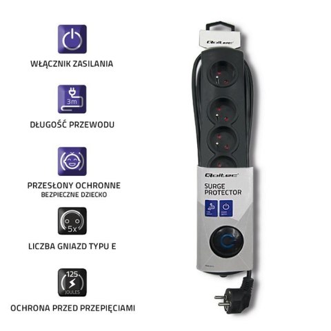 Listwa antyprzepięciowa 5 gniazd | 3m | Czarna Qoltec