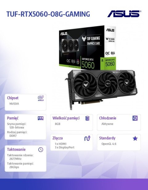 Karta graficzna GeForce RTX 5060 TUF GAMING OC 8G GDDR7 128BIT HDMI/3DP Asus