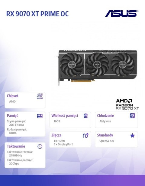Karta graficzna RX 9070 XT PRIME OC 16 GB GDDR6 256bit DP/HDMI Asus
