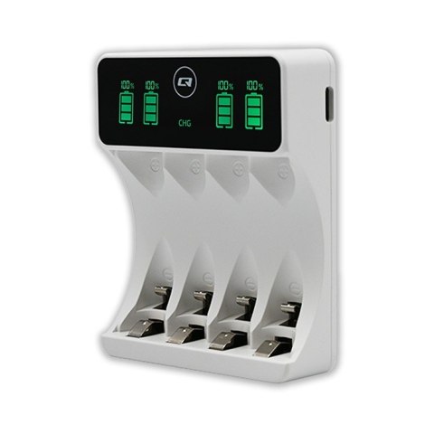 Ładowarka do akumulatorków Ni-MH typu R03 AAA R6 AA | LCD | kabelUSB-C | Biała Qoltec