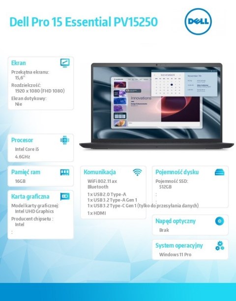 Laptop Dell Pro 15 Essential PV15250 W11P i5-1334U|16GB|512GB|Intel UHD|FgrPr|WLAN+BT|15.6 FHD|BcklKb|3C|65W|3YPS Carbon Black ( Dell