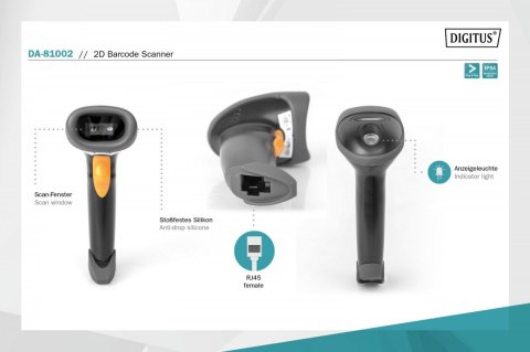Czytnik kodów kreskowych, przewodowy USB-RJ45 2m, 1D i 2D, zgodny z kodami QR Stojak w zestawie Digitus