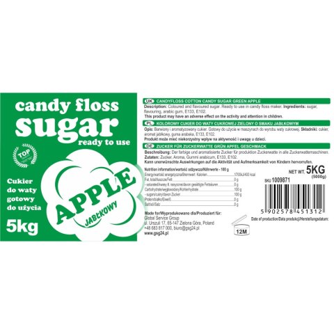 Kolorowy smakowy cukier do waty cukrowej zielony o smaku jabłkowym 5kg GSG24