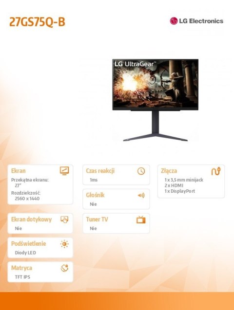 Monitor 27 cali 27GS75Q-B QHD UltraGear 200Hz, 1ms, 300cd, Pivot, HAS LG Electronics