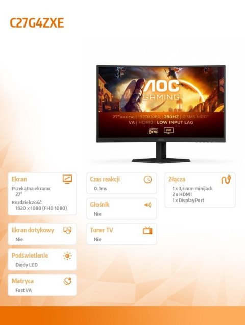 Monitor C27G4ZXE 27 cali Zakrzywiony Fast VA 280Hz HDMIx2 DP AOC