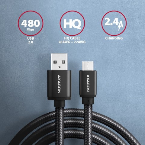BUMM-AM20AB Kabel MicroUSB - USB A, 2m, USB 2.0, 2.4A, ALU, oplot Czarny AXAGON