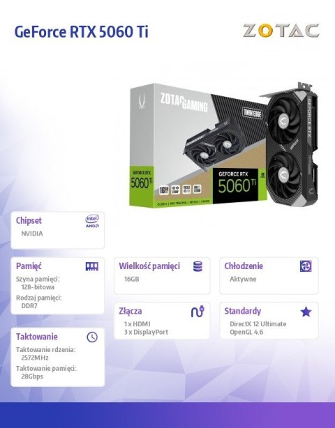 Karta graficzna GeForce RTX 5060 Ti 16GB TWIN EDGE GDDR7 128bit 3DP/HDMI ZOTAC