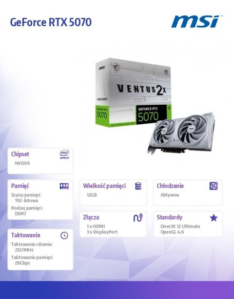 Karta graficzna GeForce RTX 5070 12G VENTUS 2X OC WHITE GDDR7 192bit MSI