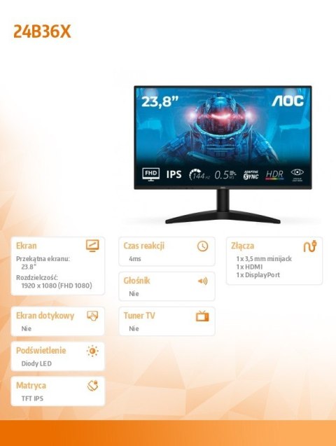 Monitor 24B36X 23.8 cala IPS 144Hz HDMI DP AOC