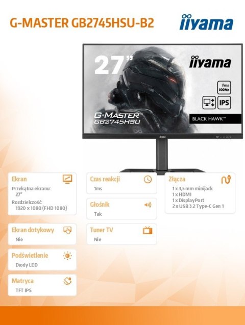 Monitor 27 cali GB2745HSU-B2 IPS,FHD,100Hz,1ms,2xUSB,300cd IIYAMA