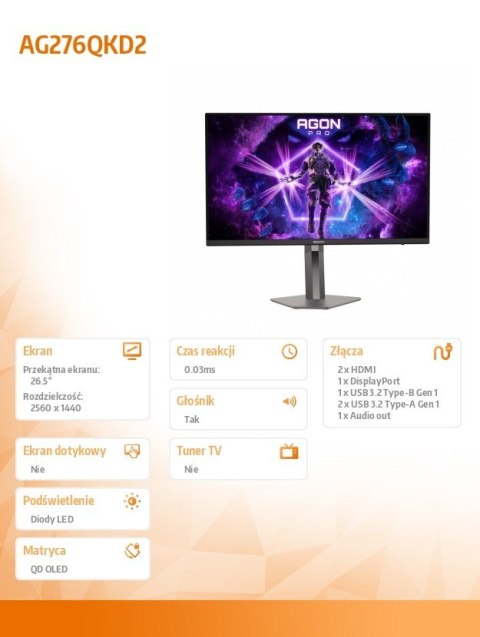 Monitor AG276QKD2 26.5 cala QD-OLED 500Hz HDMIx2 DP Pivot Głośniki AOC