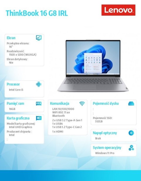 Notebook ThinkBook 16 G8 21SH00JMPB W11Pro i5-13420H/16GB/512GB/INT/16.0 WUXGA/Luna Grey/3YRS OS + CO2 Offset Lenovo