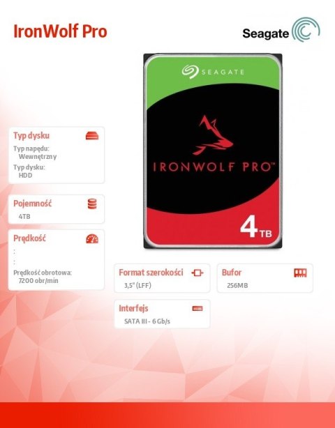 Dysk IronWolfPro 4TB 3.5'' 256MB ST4000NT001 Seagate