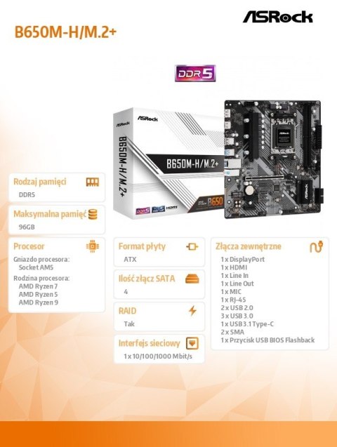 Płyta główna B650M-H/M.2 + AM5 2DDR5 HDMI/DP mATX ASRock