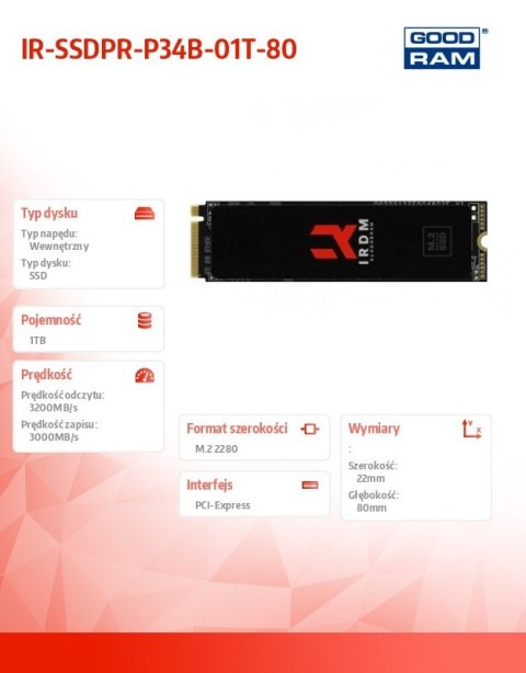 Dysk SSD IRDM 1TB M.2 PCIe 3x4 NVMe 2280 3200/3000 GOODRAM
