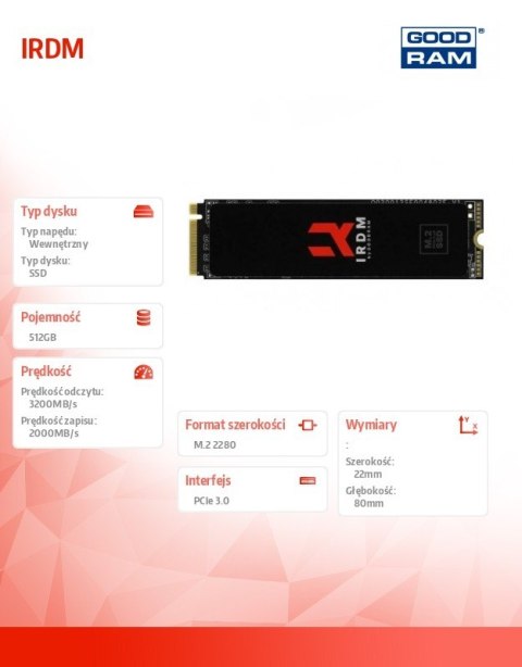 Dysk SSD IRDM 512GB M.2 PCIe 3x4 NVMe 2280 3300/2000 GOODRAM