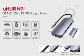 HUB USB-C 9w1, USB-C, HDMI 2.0, RJ45, PD 100W, czytnik SD; D1071A Unitek