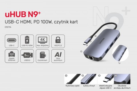 HUB USB-C 9w1, USB-C, HDMI 2.0, RJ45, PD 100W, czytnik SD; D1071A Unitek