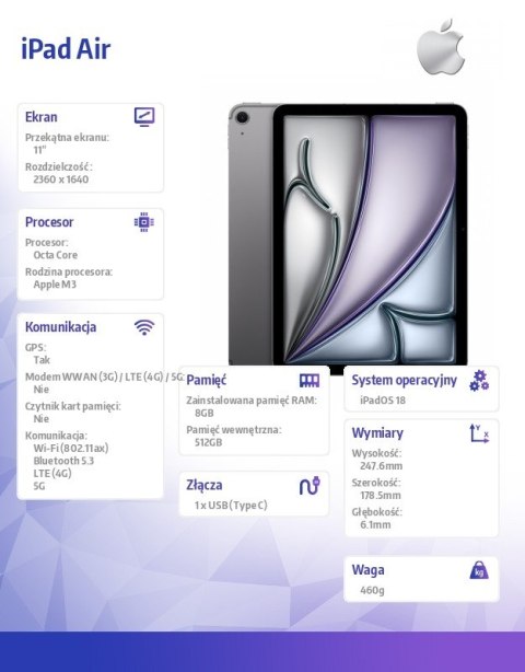 IPad Air 11 cali WiFi + Cellular 512GB Szary Apple
