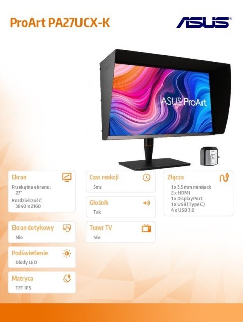Monitor 27 cali PA27UCX-K mini dLED IPS 4K HDR10 1200nit USB-C DP HDMI PIVOT 100% sRGB Głośnik Asus