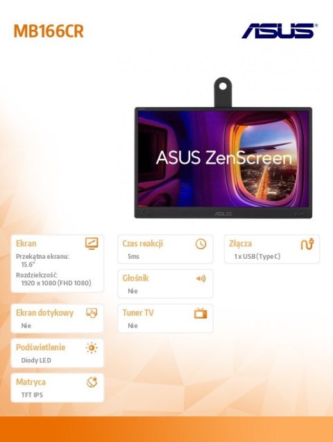 Monitor ZenScreen MB166CR IPS LED USB-C FHD Asus