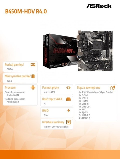 Płyta główna B450M-HDV R4.0 AM4 2DDR4 VGA/DVI/HDMI/M.2 uATX ASRock