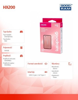 Dysk SSD HX200 500GB USB-C+A 1500/900MB/s różowe złoto GOODRAM