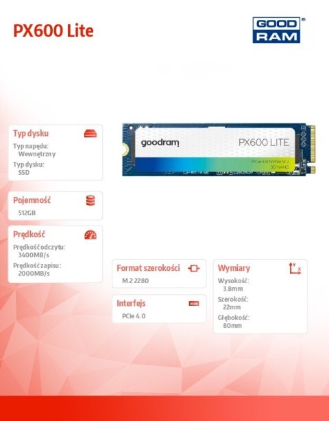 Dysk SSD PX600 Lite 512GB Gen4x4 NVMe 2280 3400/2000MB/s GOODRAM