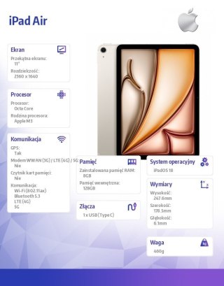 IPad Air 11 cali WiFi + Cellular 128GB Księżycowa poświata Apple