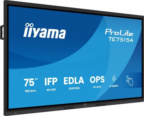 Monitor 75 cali TE7515A-B1AG IPS,4K,40pkt,550cd,DeepContrast-IR+, HDMI x2,DP,USB-C, 2 x 20W, OPS Slot x1, 5xUSB, 2xRJ45,8-Arr IIYAMA
