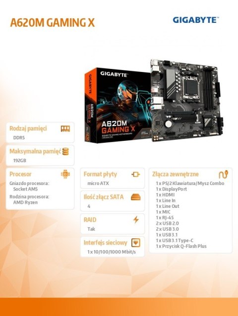 Płyta główna A620M GAMING X AM5 4DDR5 HDMI/DP M.2 mATX Gigabyte