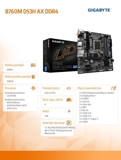 Płyta główna B760M DS3H AX DDR4 s1700 4DDR4 HDMI mATX Gigabyte