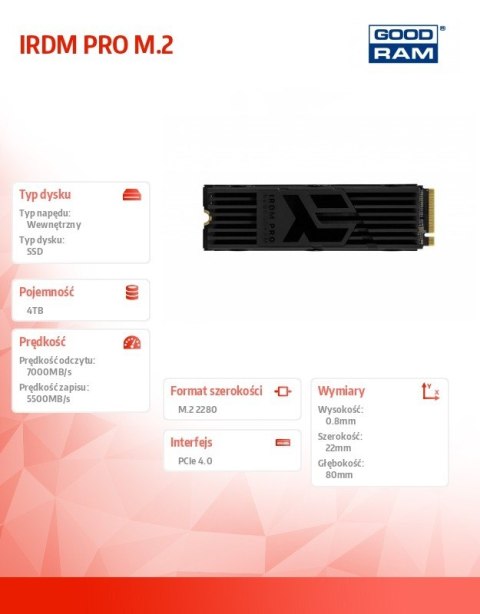 Dysk SSD IRDM PRO 4TB M.2 PCIe 4x4 NVMe 2280 7000/6850 GOODRAM