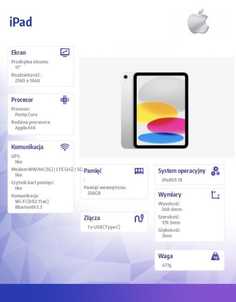 IPad WiFi 11 cali 256GB Srebrny Apple