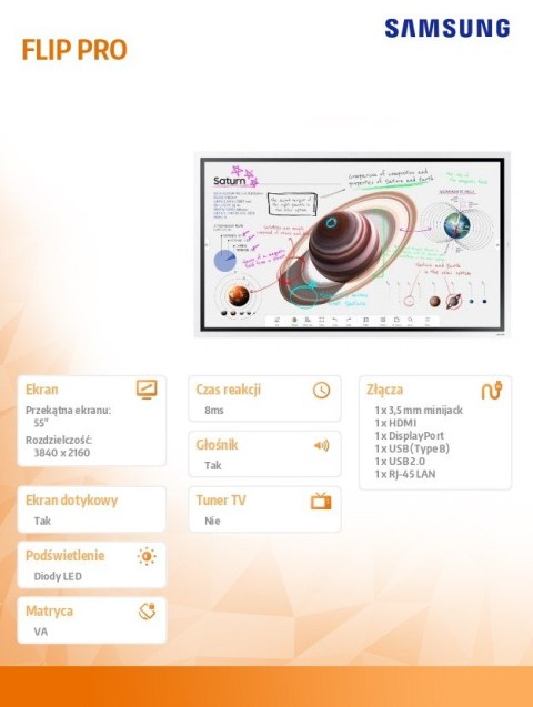 Monitor profesjonalny WM55B FLIP PRO 55 cali Dotykowy 16h/7 350(cd/m2) 3840x2160 (UHD) Flip App USB-C Wi-Fi/BT 3 lata On-Site ( Samsung