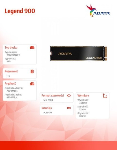 Dysk SSD Legend 900 1TB PCIe 4x4 7/4.7 GB/s M2 Adata
