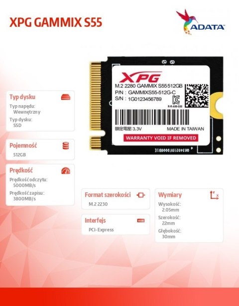 Dysk SSD XPG GAMMIX S55 512GB PCIe 4x4 5/3.8MB/s M2230 Adata