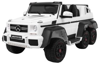 Auto Mercedes G63 6x6 MP4 dla dzieci Biały + 2 Pedały gazu + Regulacja siedzenia + MP4 + LED + Bagażnik + Kufer dla rodzica