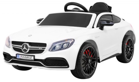 Mercedes Benz C63 AMG dla dzieci Biały + Pilot + 5-pkt pasy + EVA + Bagażnik + MP3 LED