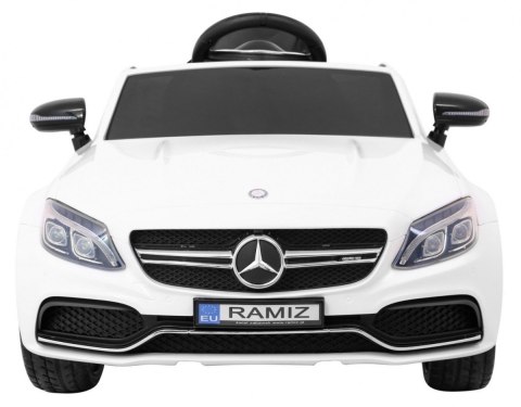 Mercedes Benz C63 AMG dla dzieci Biały + Pilot + 5-pkt pasy + EVA + Bagażnik + MP3 LED