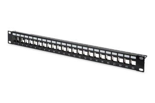 Panel krosowy (patch panel) modularny 19" 24 porty pod moduły keystone, 1U, ekranowany, prowadnica kabli, pola opisowe, czarny Digitus