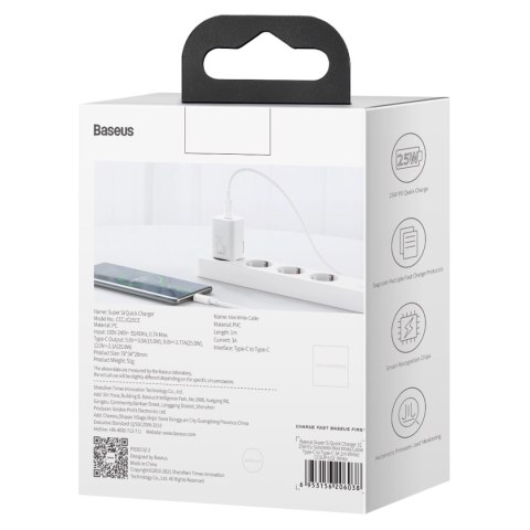 Szybka ładowarka sieciowa Si 25W 3A z kablem USB-C 1m biały BASEUS