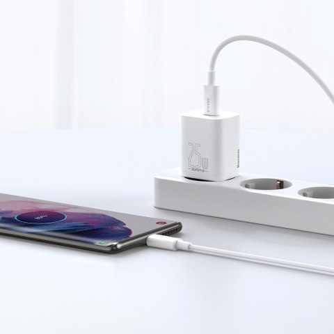 Szybka ładowarka sieciowa Si 25W 3A z kablem USB-C 1m biały BASEUS