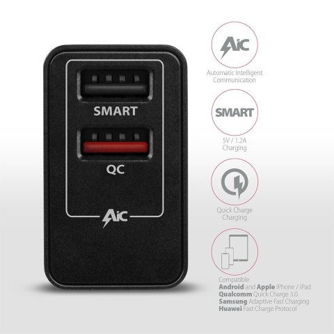 ACU-QS24 Ładowarka sieciowa QC 24W, 2x port USB--A, QC3.0/AFC/FCP + 5V/1.2A AXAGON