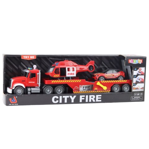 Zestaw Strażacki Laweta Helikopter Samochód Światła Dźwięki Czerwony LEAN Toys