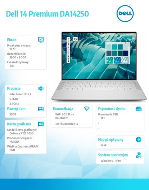 Laptop Dell 14 Premium DA14250 Win11Pro U7-255H|32GB|1TB SSD|Nvidia RTX 4050 |WLAN + BT|14.5 OLED Touch|Backlit Kb|6 Cell|100W Dell